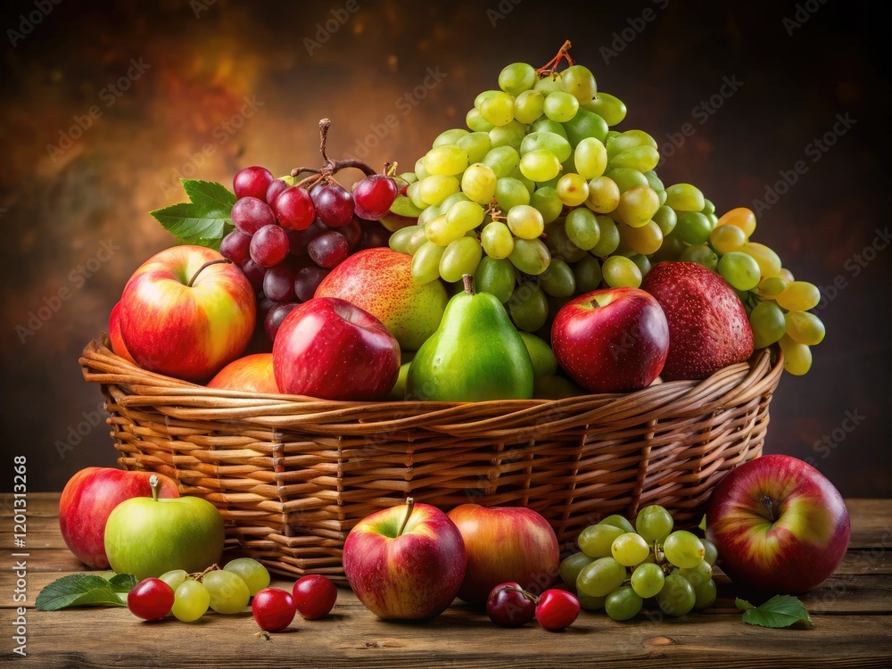 Sunlit apples, pears, and grapes burst with color in this vibrant still life. Sunlit apples, pears, and grapes burst with color in this vibrant still life.