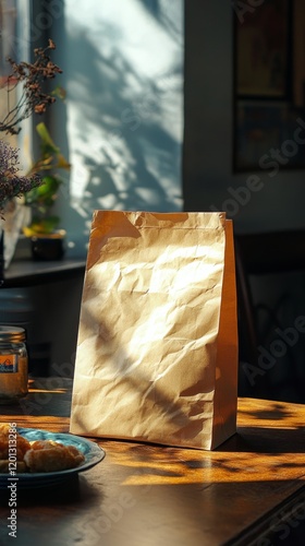Brown paper bag placed on wooden table inside a cozy cafe during the day