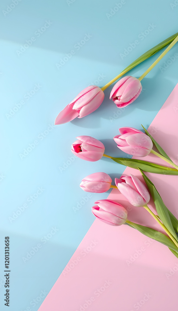 Pink tulips on minimal background with blue and pink color. Top view, copy space, pixel art, with white tones Pink tulips on minimal background with blue and pink color. Top view, copy space, pixel art, with white tones