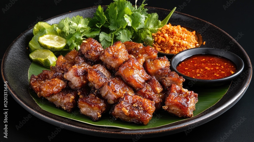 An artistic composition featuring a plate of fried pork belly, surrounded by fresh herbs, spices, and sauces, emphasizing the culinary delights of Thai cuisine An artistic composition featuring a plate of fried pork belly, surrounded by fresh herbs, spices, and sauces, emphasizing the culinary delights of Thai cuisine
