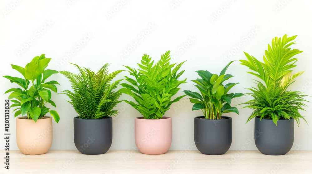 A modern indoor plant arrangement featuring a variety of ferns, ivy, and peace lilies in stylish pots and planters, A modern indoor plant arrangement featuring a variety of ferns, ivy, and peace lilies in stylish pots and planters,