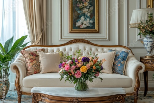 Elegant living room with floral arrangement on a stylish coffee table