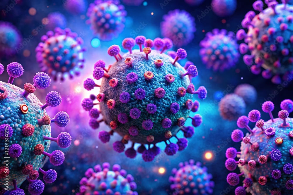 Fototapeta premium Microscopic Virus: Close-up of Purple and Blue Illuminated Viral Particles