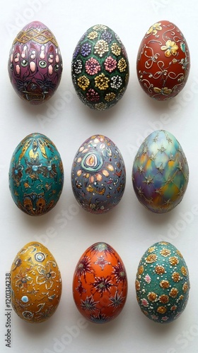 Colorful hand-painted eggs displayed on a neutral background for spring celeb...