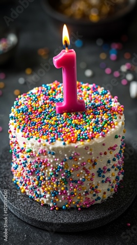Colorful one-year birthday cake with sprinkles and candle on top in festive s...