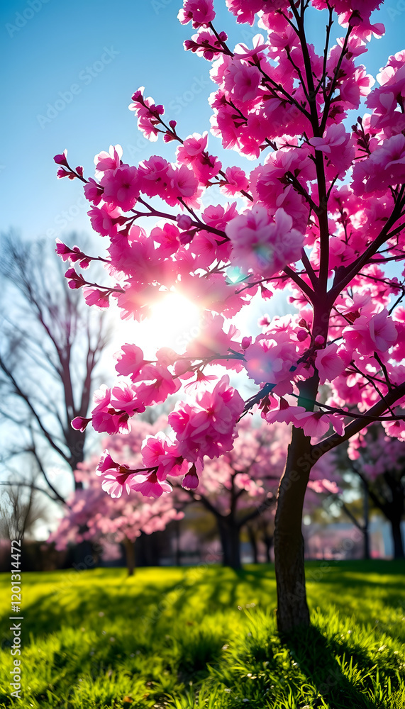 Spring border or background art with pink blossom. Beautiful nature scene with blooming tree and sun flare, Colored gel lighting, with white tones Spring border or background art with pink blossom. Beautiful nature scene with blooming tree and sun flare, Colored gel lighting, with white tones