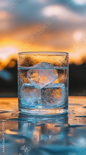 Refreshing glass of sparkling water with ice in a cozy setting during the eve...