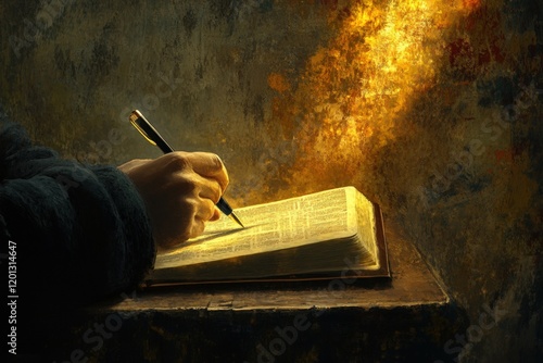 Hand writing in bible by candlelight with warm glow