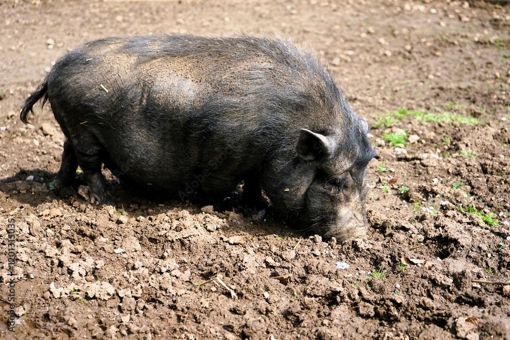 Close-up of a Vietnamese Pot-bellied with bristly, brown fur searching the ground for food, domestic pig. Livestock farming. Close-up of a Vietnamese Pot-bellied with bristly, brown fur searching the ground for food, domestic pig. Livestock farming.