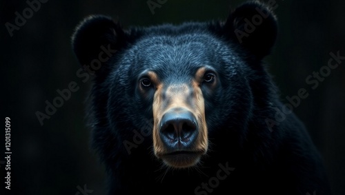 black bear portrait, close-up, intense gaze, striking eyes, dark background, detailed fur texture, wildlife photography, dramatic lighting, high contrast, realistic, majestic animal, powerful predator photo