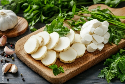 Close-up 3D rendering of sliced Jerusalem artichoke tubers with fresh herbs on a cutting board photo