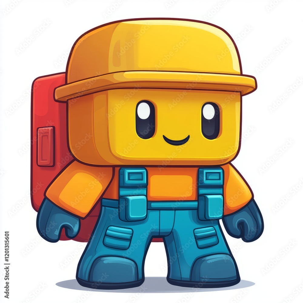 Fototapeta premium A Happy Robot Wearing a Helmet Carries a Backpack