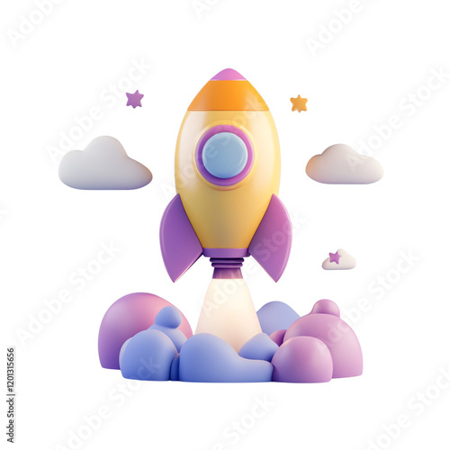 colorful rocket launching into dreamy sky filled with clouds and stars