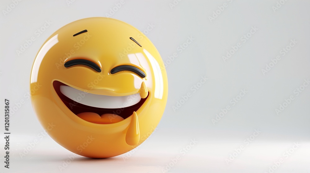 Fototapeta premium A high-resolution close-up of a laughing emoji with tears, the details of the glossy yellow surface and tears captured clearly, against a white background.