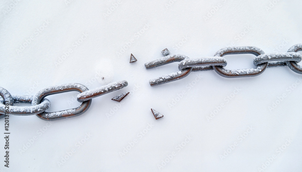 Broken chains on snowy ground, symbolizing freedom and resilience Broken chains on snowy ground, symbolizing freedom and resilience
