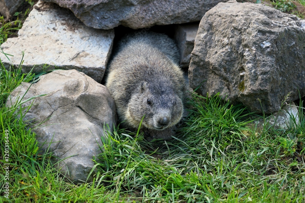 Close-up of a shy young marmot peering timidly out of its burrow surrounded by stones, Alpine marmot, Marmota marmota, Dolomites, South Tyrol, Italy, Mountain Animals Close-up of a shy young marmot peering timidly out of its burrow surrounded by stones, Alpine marmot, Marmota marmota, Dolomites, South Tyrol, Italy, Mountain Animals