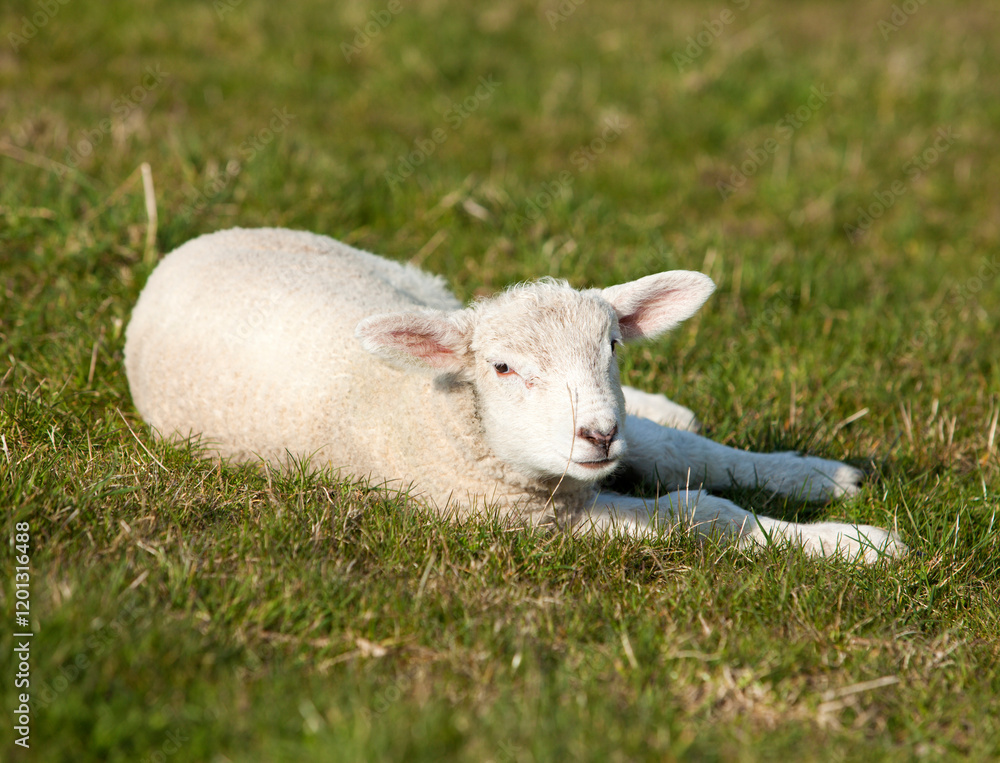 cute little lamb lying on meadow looking at camera cute little lamb lying on meadow looking at camera