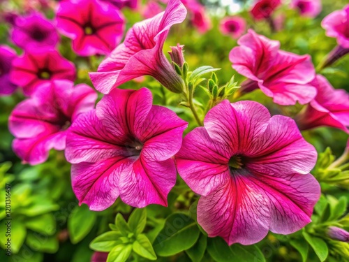 Vibrant pink petunias bloom, showcasing summer garden beauty in close-up photography.