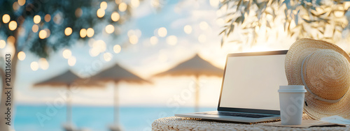 Laptop, straw hat on table in beach resort. Relaxed outdoor workspace with notebook on ocean seaside. Summer working on leisure day. Online remote work and refreshing drink on tropical beach.