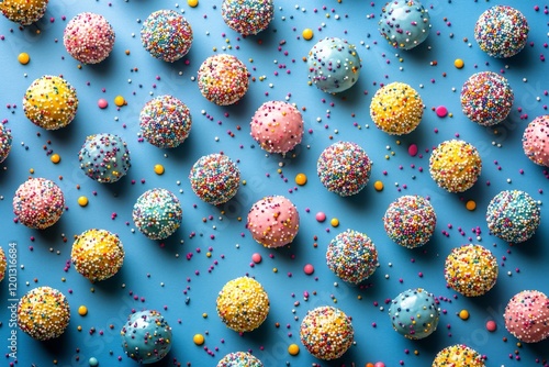 Colorful candy-coated treats scattered on a blue surface for a festive celebr...