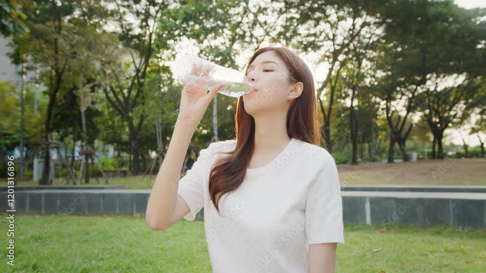 Refreshing Hydration Woman Enjoys Water in Park Surrounded by Nature and Sunlight for Healthy Outdoor Experience Refreshing Hydration Woman Enjoys Water in Park Surrounded by Nature and Sunlight for Healthy Outdoor Experience