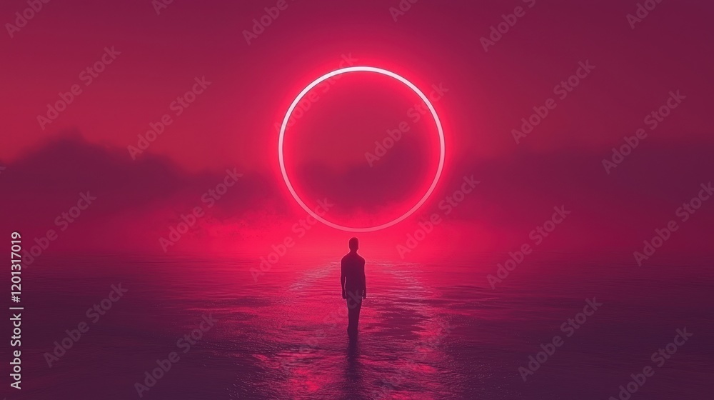 Solitary Figure Contemplating a Glowing Portal in a Crimson Seascape Solitary Figure Contemplating a Glowing Portal in a Crimson Seascape