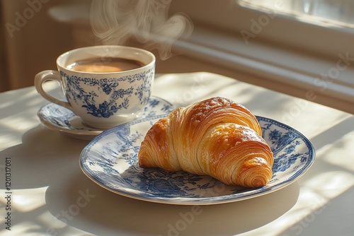 Freshly baked croissant on a decorative plate beside a steaming cup of coffee