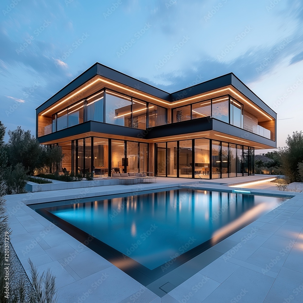 Fototapeta premium Modern architecture meets serene twilight at a luxurious villa with a sparkling pool surrounded by lush greenery. Generative AI