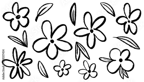 Chamomile hand drawn black paint vector set. Kids crayon flowers and plants, botanical line illustration. Doodle floral elements, daisy, aster, chrysanthemum. Pencil childish drawings
