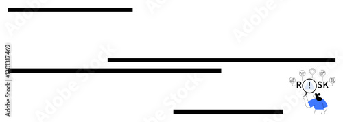 Person holding and balancing Risk text encircled by dollar signs. Black lines add visual balance and symmetry. Ideal for strategy, finance, business, risk-taking, decision-making, investment