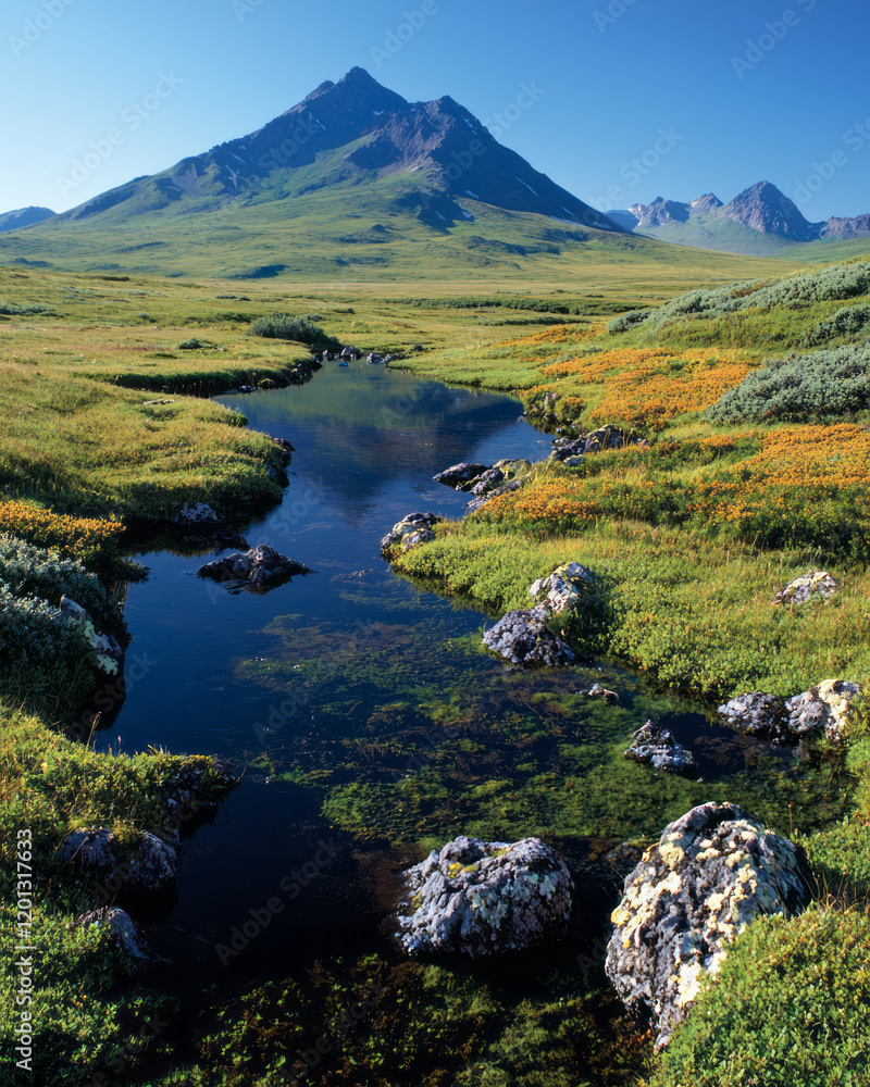 Fototapeta premium A serene tundra landscape with permafrost, hardy vegetation, and distant mountain ranges under a clear sky,