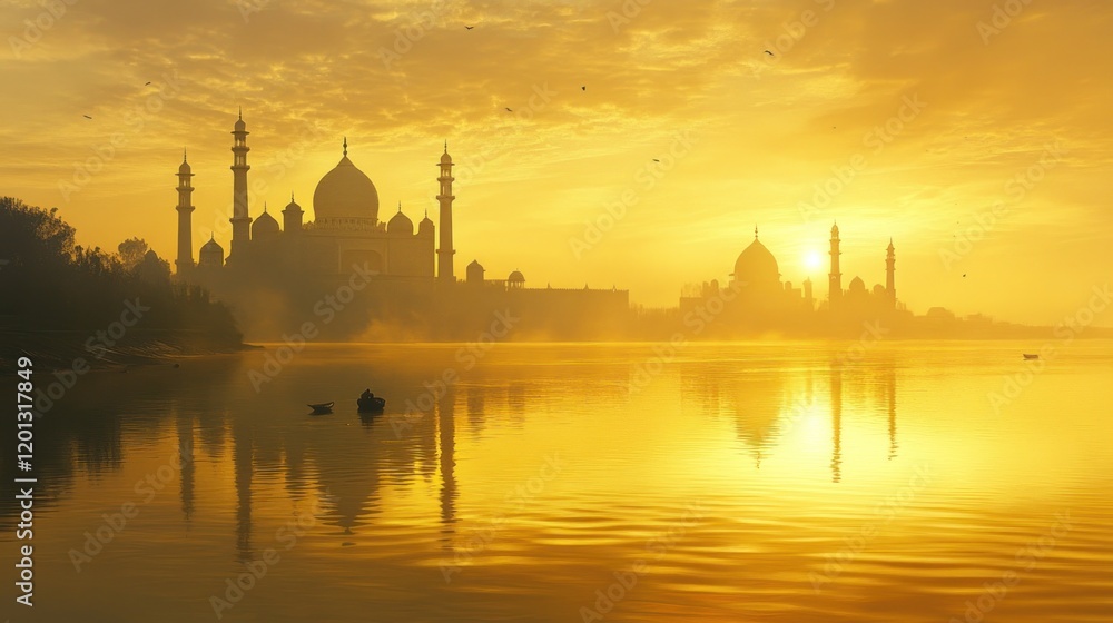 Naklejka premium Golden Sunrise Over Mosques and Calm River