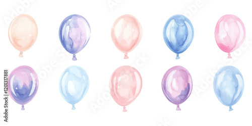 Watercolor pastel-colored balloons set, hand-drawn vector illustration clip art isolated on a white background