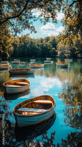 Serene afternoon at a tranquil lake with rowboats gently floating in calm waters
