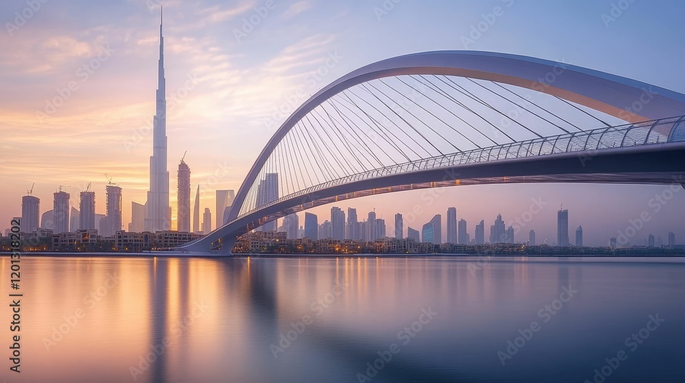 Naklejka premium Tall buildings, arching bridge reflected on tranquil water.