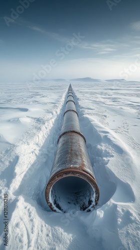 Long abandoned pipeline stretches across a snowy winter landscape under a cle...