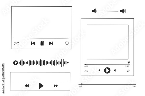 Music or video play interface bar icon, voice record display. Podcast playlist, play button. Song simple equalizer, record.