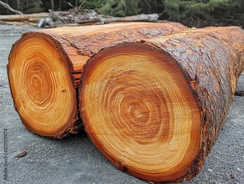 Two freshly cut logs with visible growth rings resting on gray gravel ground photo