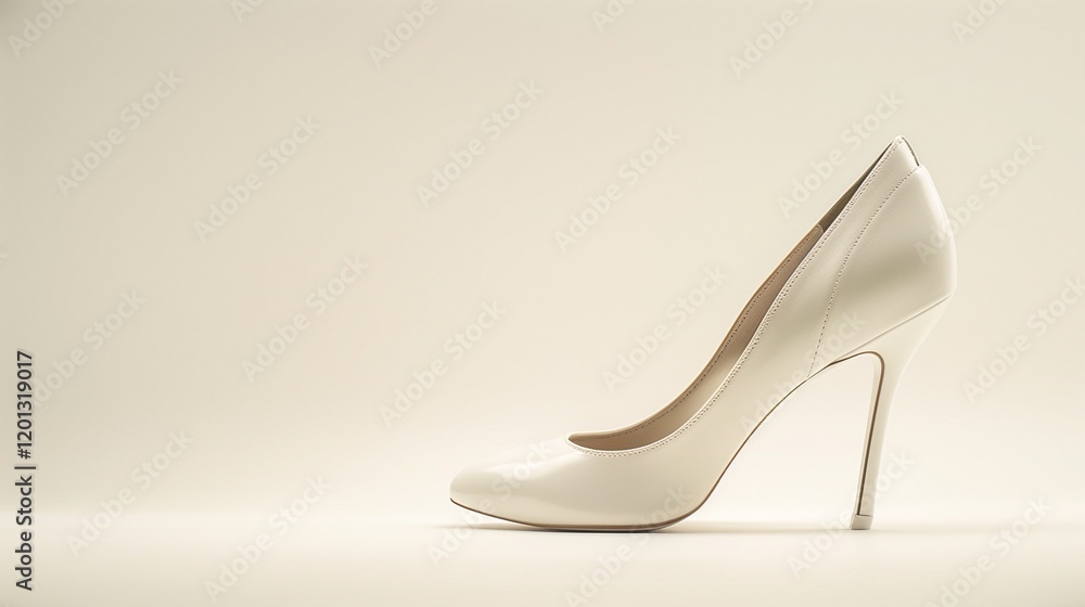 A single high-heeled shoe with delicate stitching and a glossy finish, placed against a pristine white backdrop, bathed in soft light A single high-heeled shoe with delicate stitching and a glossy finish, placed against a pristine white backdrop, bathed in soft light