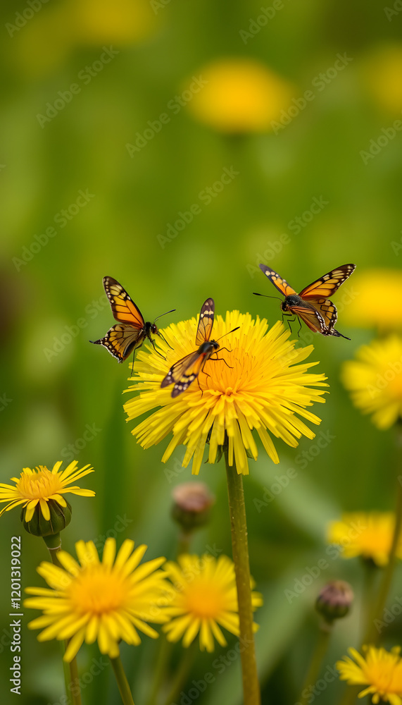 Butterflies on a bright yellow dandelion flower in a meadow Butterflies on a bright yellow dandelion flower in a meadow