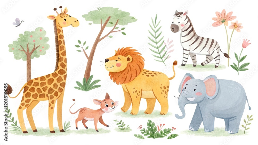 Fototapeta premium Cute wild animals in cartoon style, isolated on a white background for a playful look