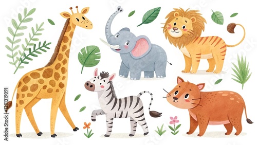 Cute wild animals in cartoon style, isolated on a white background for a playful look