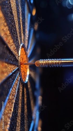 Precision dart striking the bullseye in a dimly lit game room during an eveni...