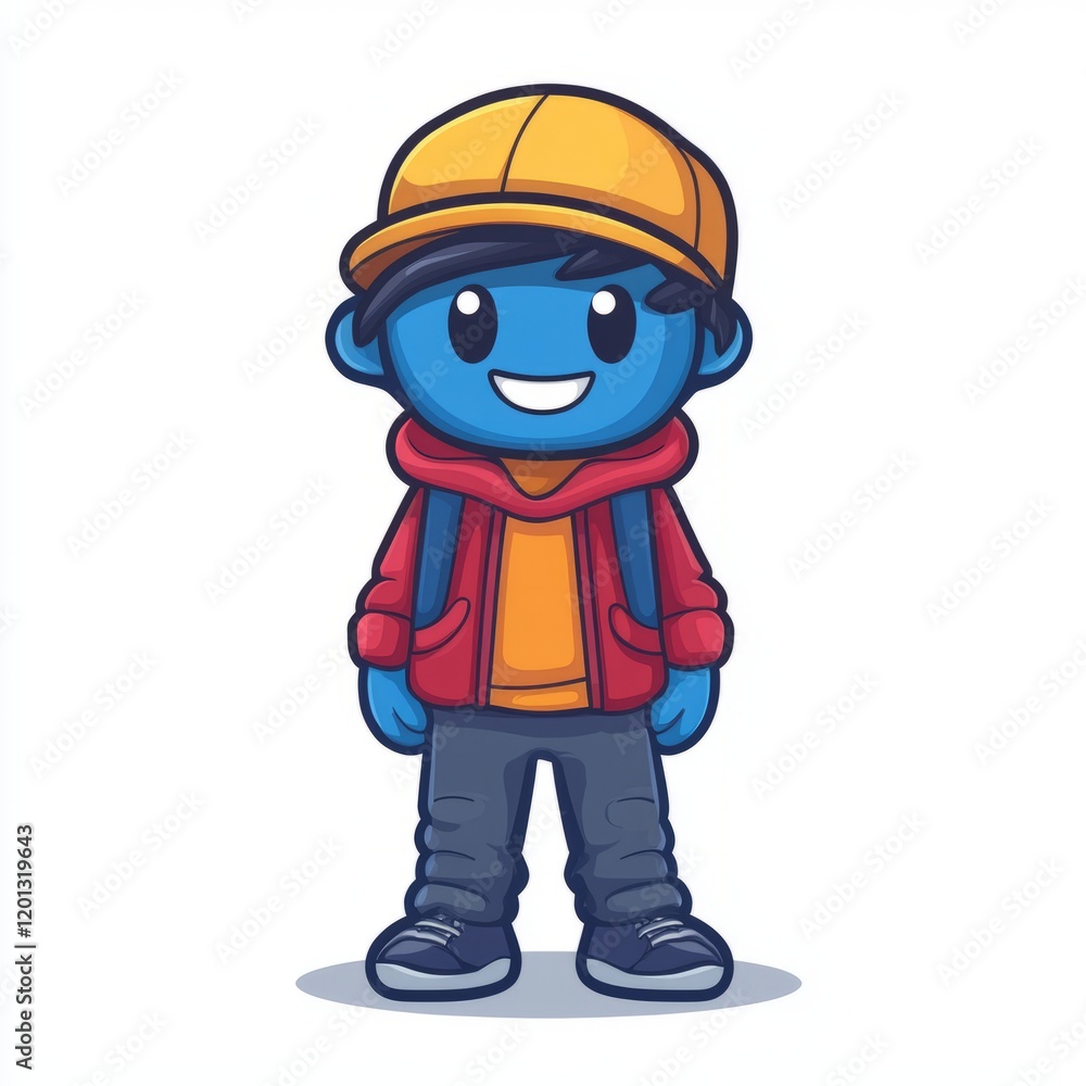 A Happy Blue Cartoon Boy Wearing a Yellow Cap A Happy Blue Cartoon Boy Wearing a Yellow Cap