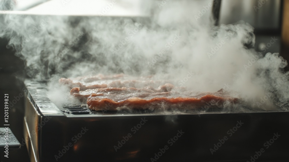 Steaming hot meat cooking on a grill, billowing smoke, ready to be served Steaming hot meat cooking on a grill, billowing smoke, ready to be served