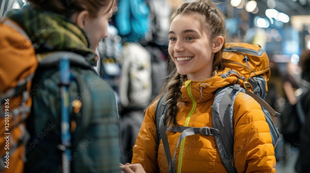 Smiling girl and boy with backpacks in the market Smiling girl and boy with backpacks in the market