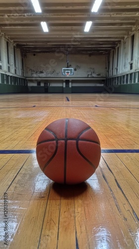Basketball rests on polished wood floor in an empty gymnasium before practice...