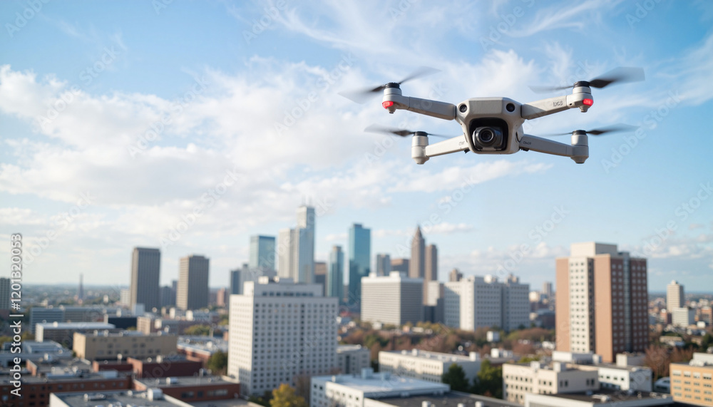Delivery drone soaring over urban skyline, innovative logistics Delivery drone soaring over urban skyline, innovative logistics