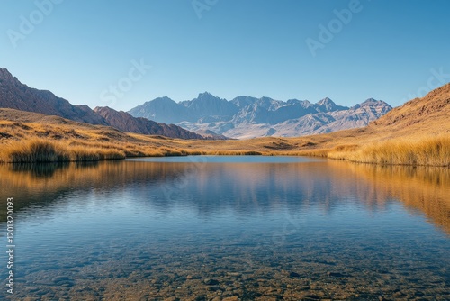 Tranquil mountain lake reflecting majestic peaks under a clear sky
