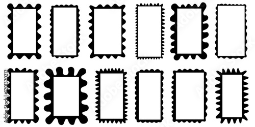 Squiggle frames set. Color zigzag wavy edges, retro scallop frames, psychedelic rectangles, photo frames, text boxes, tags, labels. Wave and curvy borders Vector groovy shapes isolated